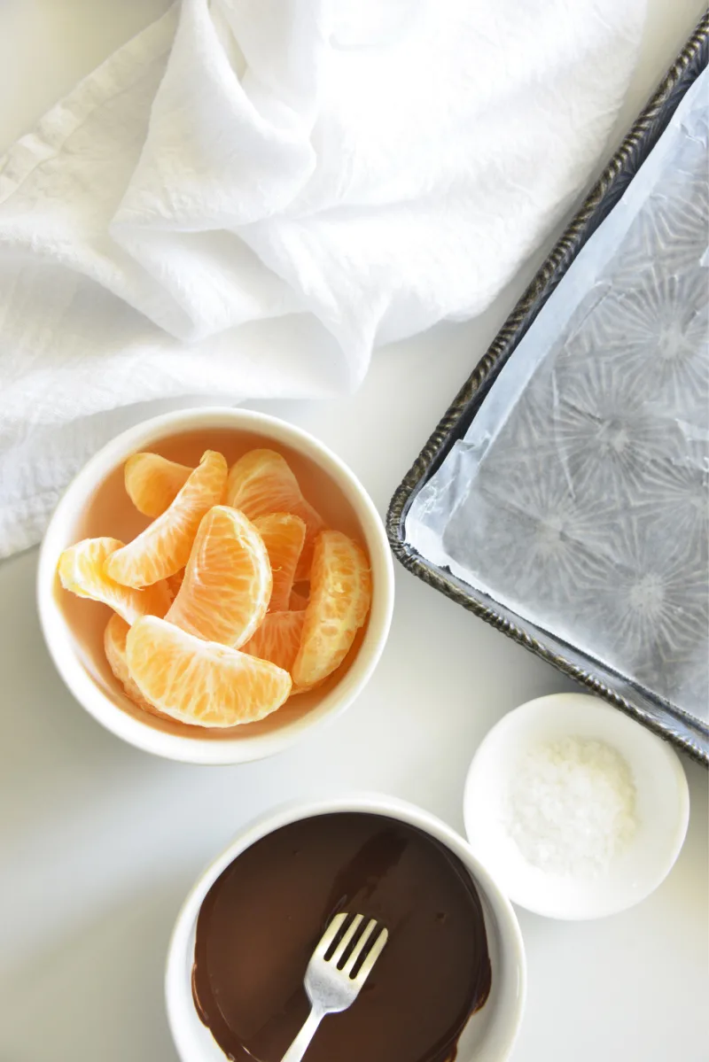 ingredients displayed for dipping orange segments in chocolate