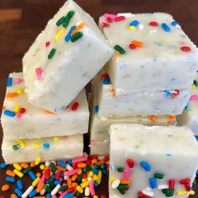 stack of funfetti frosting fudge