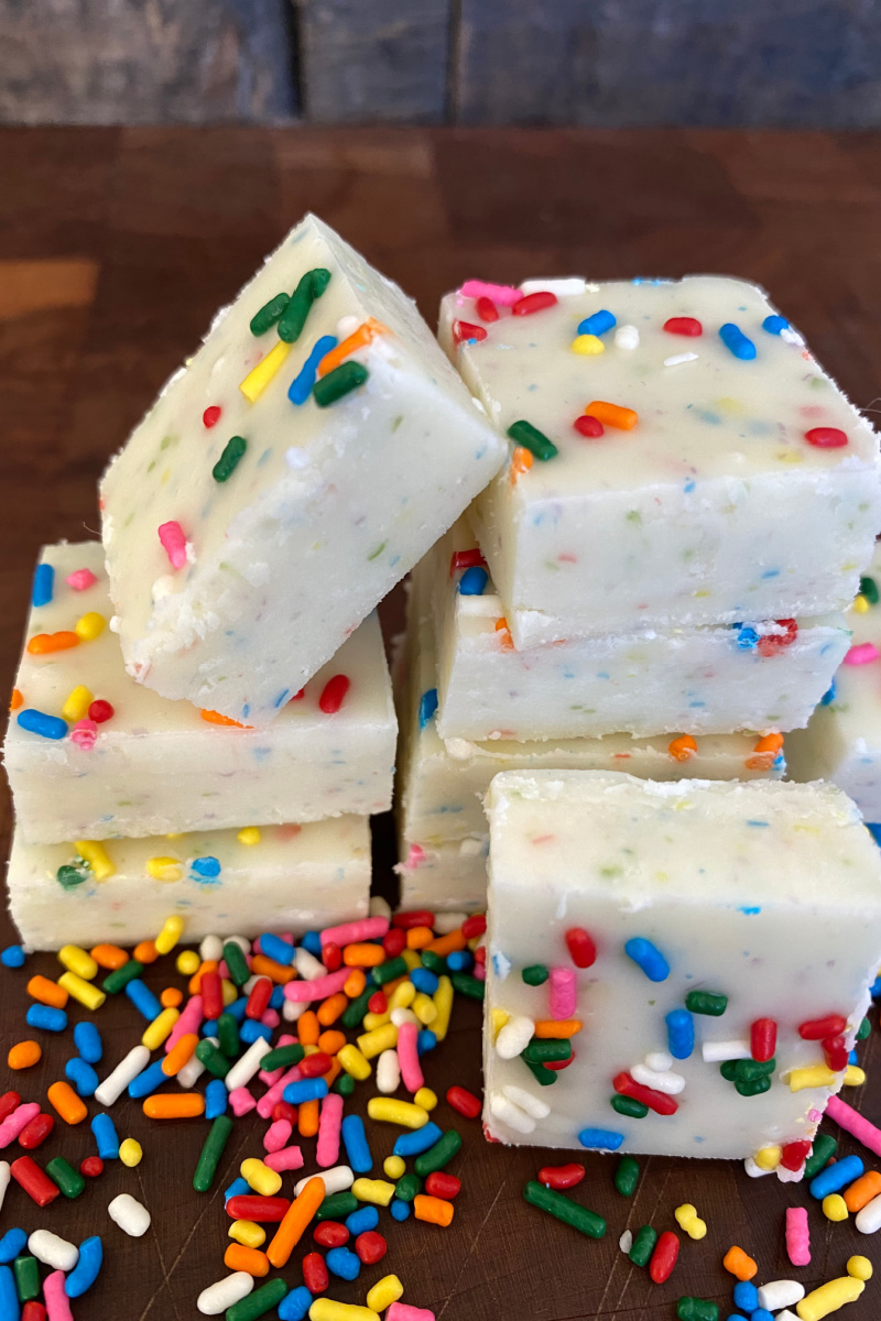 stack of funfetti frosting fudge