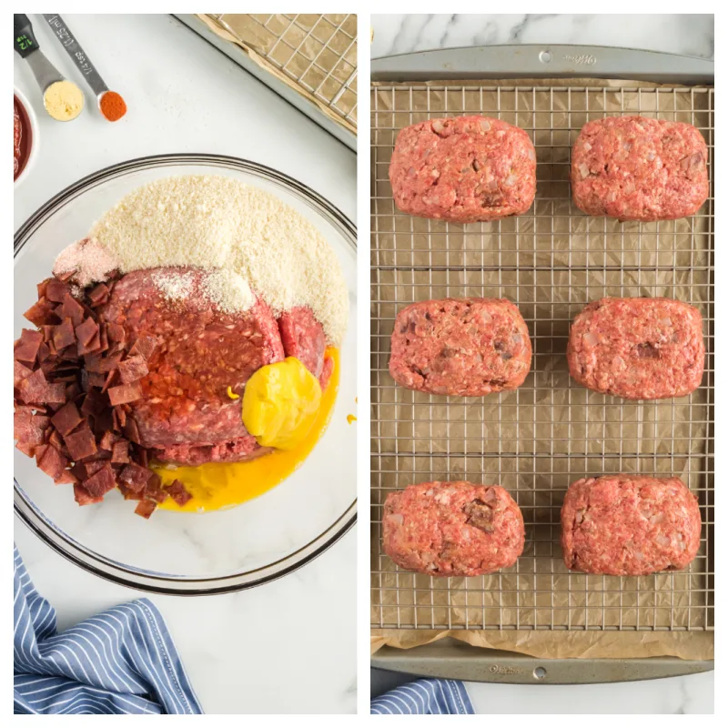 bowl with meatball ingredients and meatloaf ready for oven