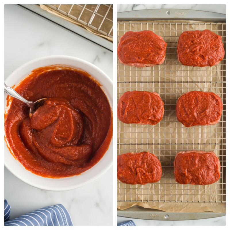 sauce in bowl and then sauce on mini meatloaves