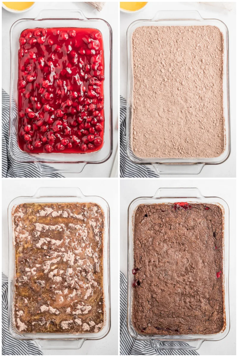 four photos showing process of making chocolate cherry dump cake