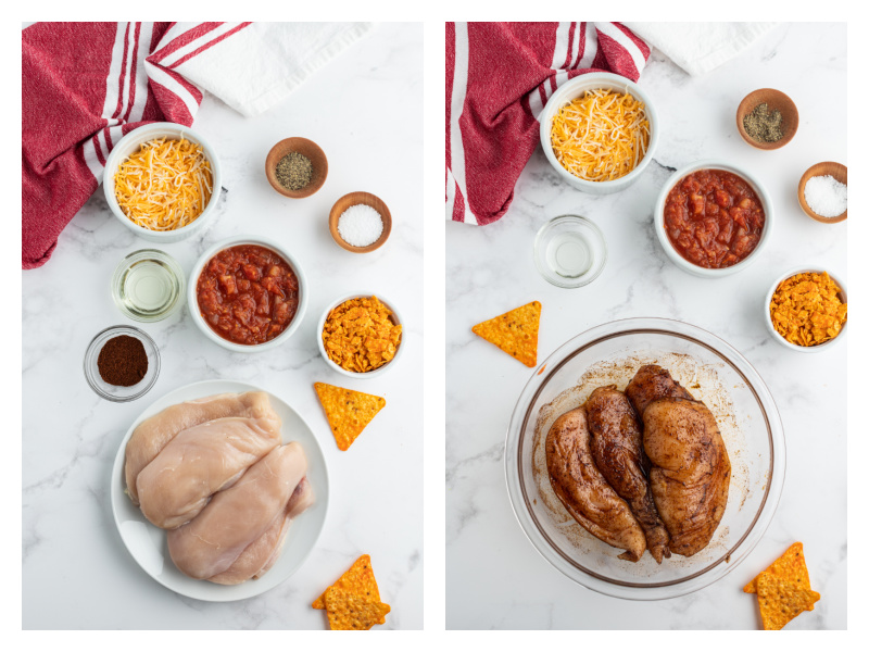 ingredients displayed for salsa chicken, and then bowl showing chicken marinating