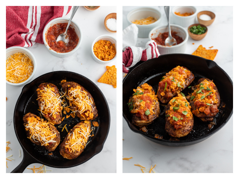 two photos showing process of finishing up salsa chicken recipe with chicken cooking in cast iron skillet