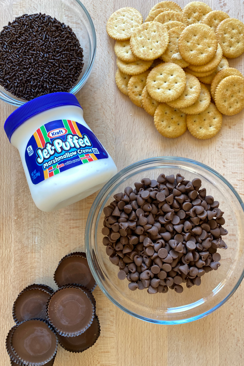 ingredients displayed for chocolate ritz marshmallow reeses