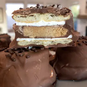 cut in half chocolate dipped ritz marshmallow reeses