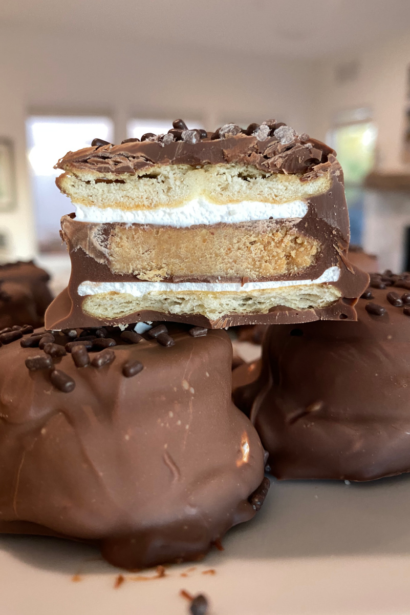 cut in half chocolate dipped ritz marshmallow reeses