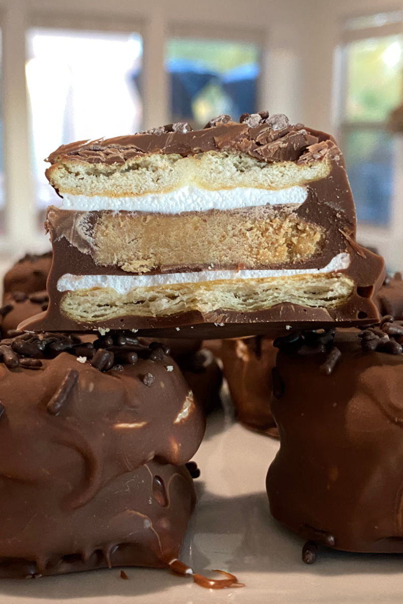 cut in half chocolate dipped ritz marshmallow reeses
