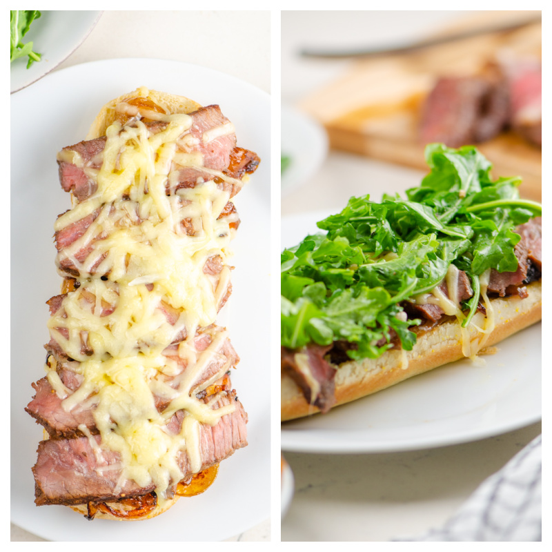 two photos showing assembly of french onion steak sandwich