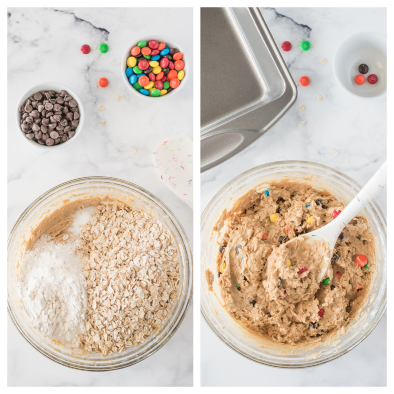 two bowls - ingredients in one and dough in the other for monster cookie bars