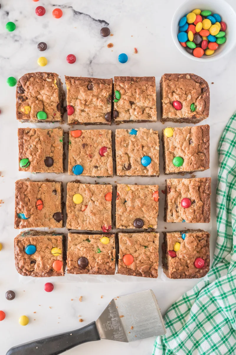 easy monster cookie bars cut into pieces