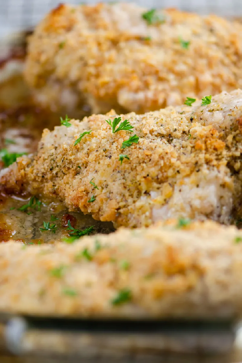 ritz cracker chicken on baking sheet just out of the oven