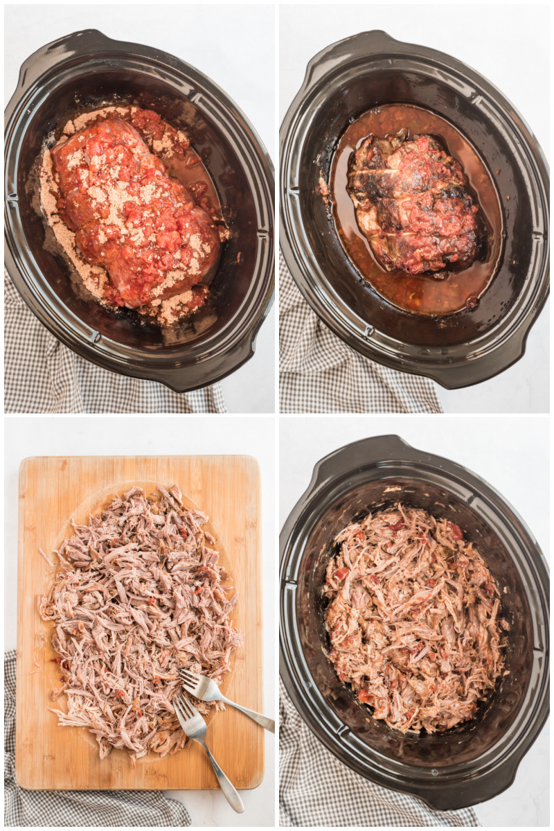 slow cooker progression four photos- pork roast in insert, then cooked, then shredded, then back in iinsert
