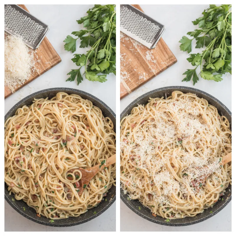 two photos showing the final process of making spaghetti carbonara in a skillet