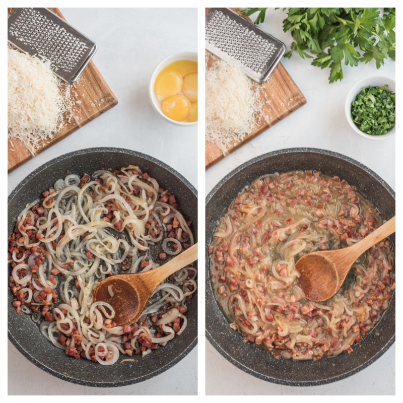 two photos showing sauteing pancetta and onion in a pan and then sauce