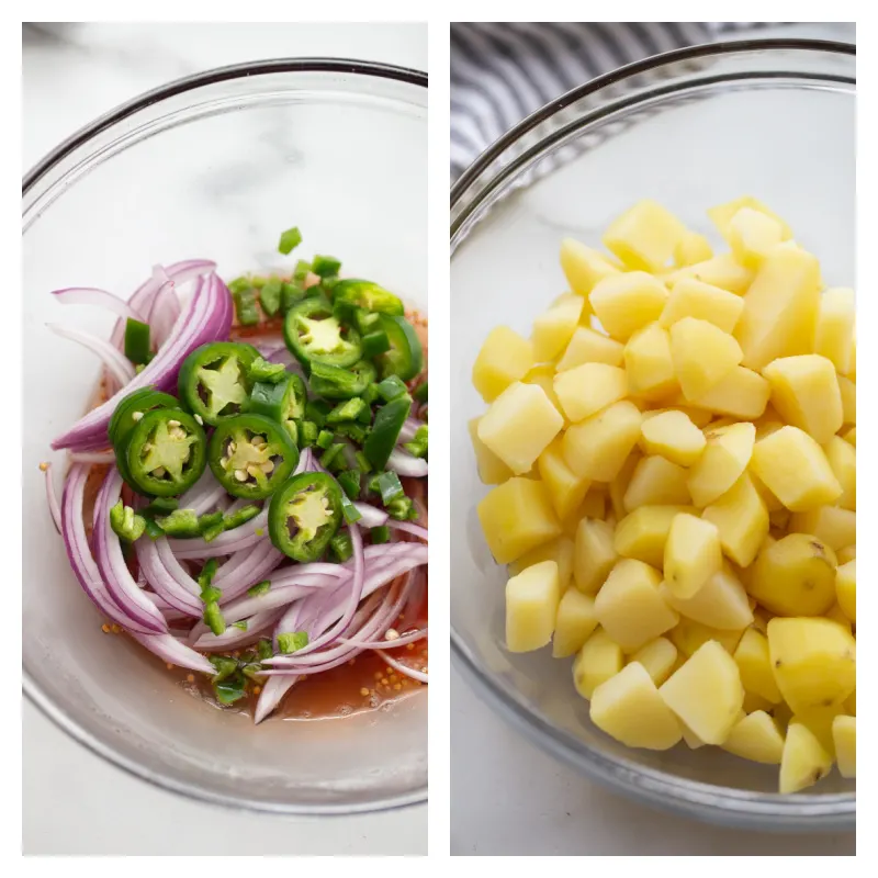 pickled spicy onions in one bowl and cubed potatoes in another bowl