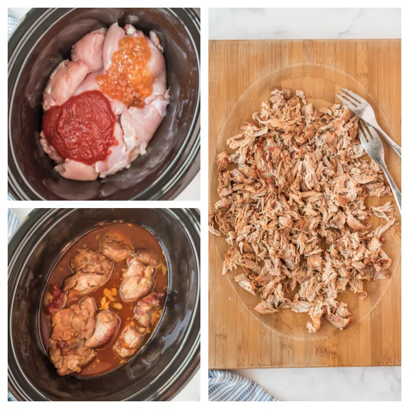 three photos showing slow cooker making shredded chicken