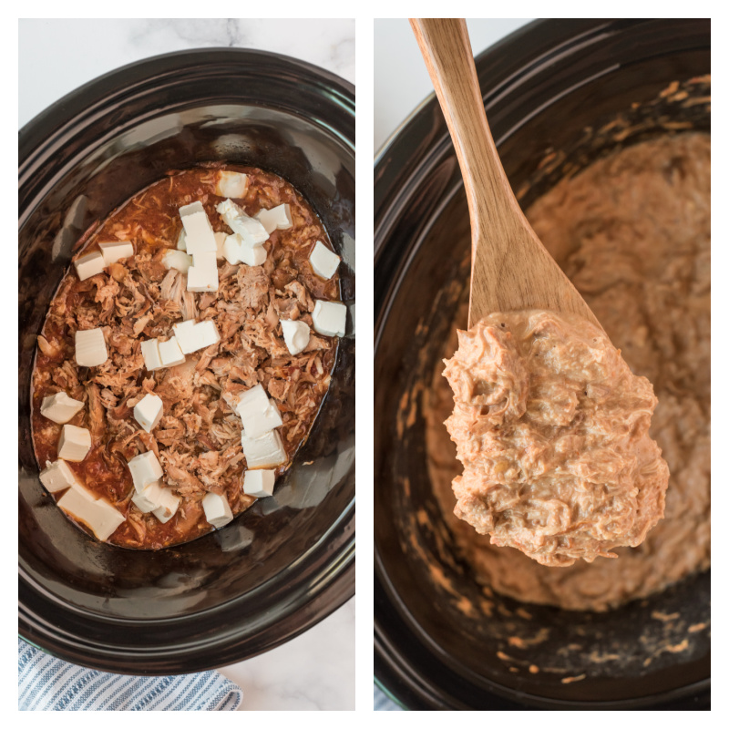 two photos showing slow cooker making cream cheese chicken for sandwiches