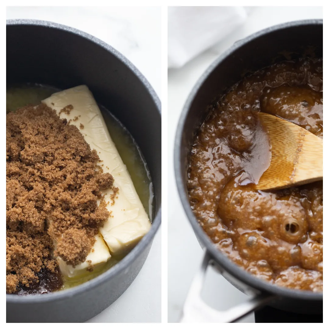 two photos showing how to make syrup to add to saltine toffee