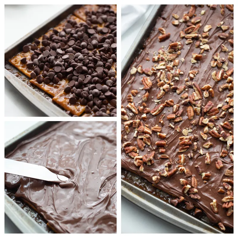 three photos showing how to make saltine toffee chocolate and pecans spread on saltines