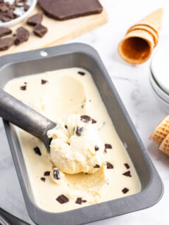 chocolate chunk gelato in a pan with a scoop