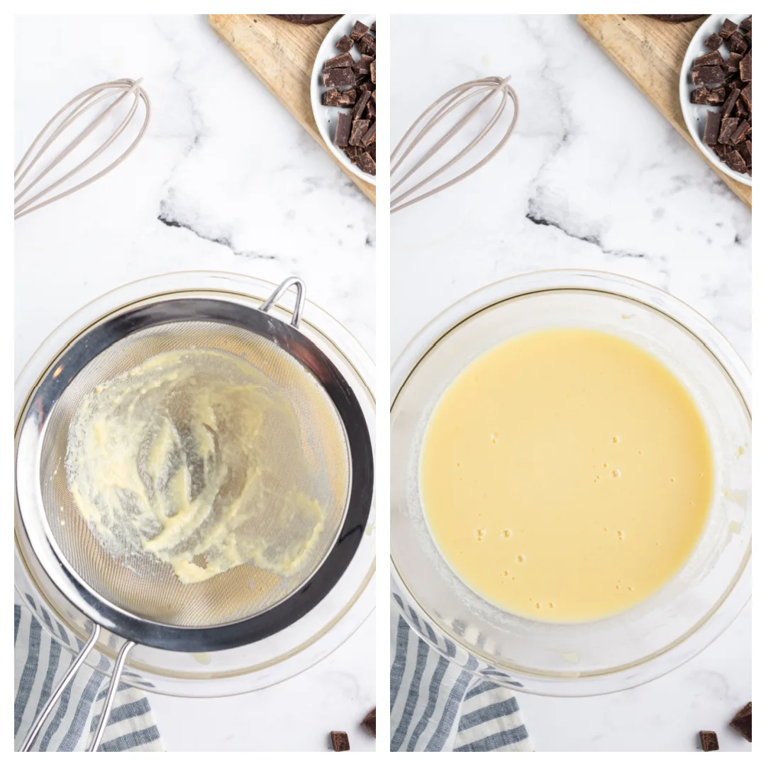 two photos showing straining gelato custard