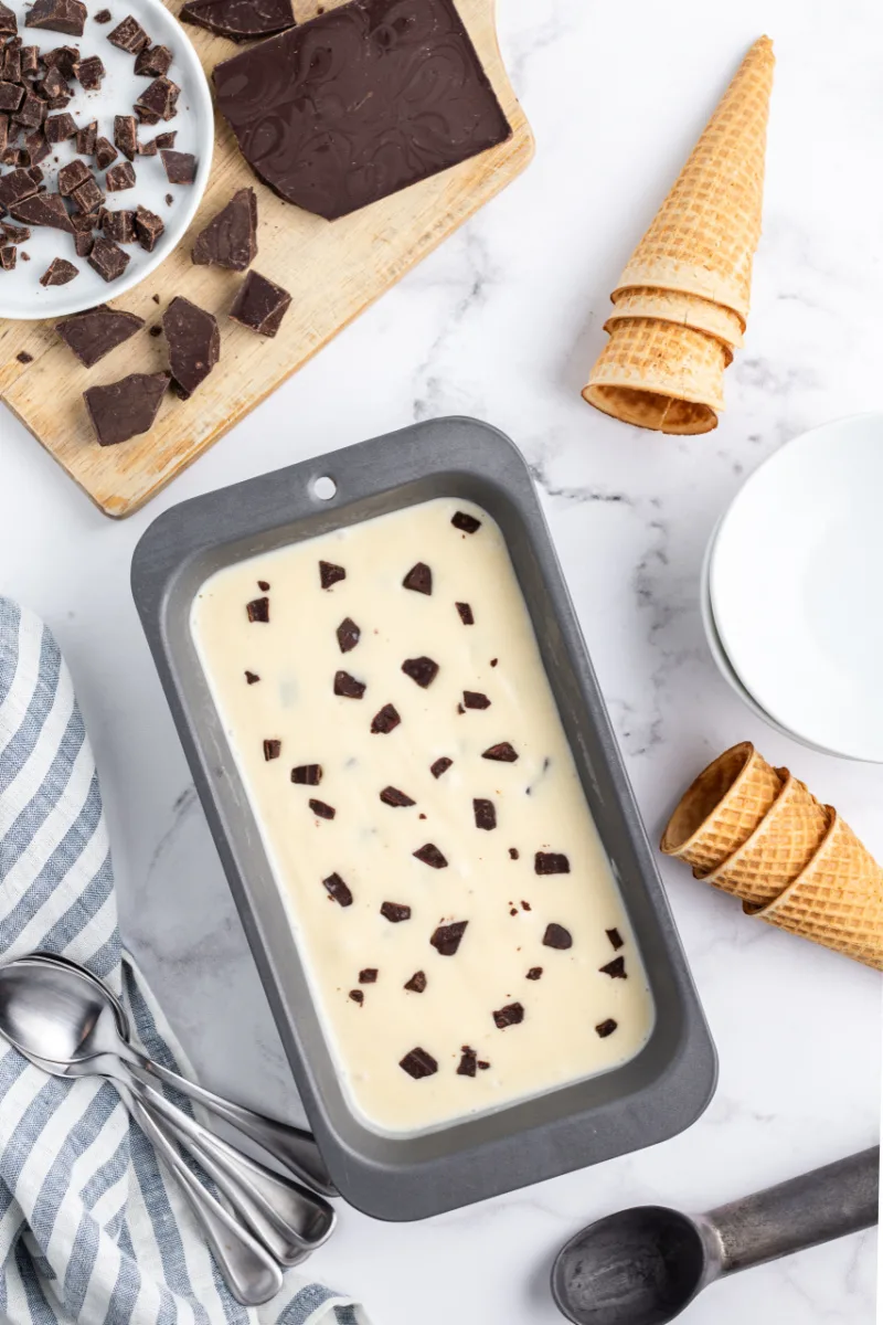 chocolate chunk gelato in a pan