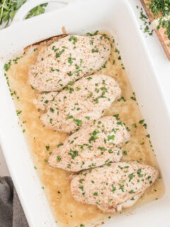 honey mustard chicken in white casserole dish