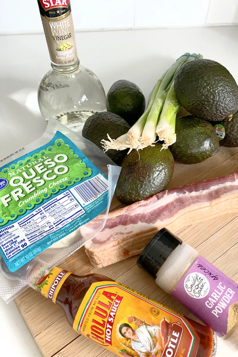 ingredients displayed for bacon and cotija cheese guacamole