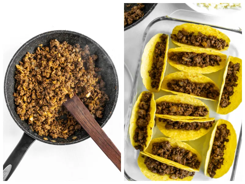 two photos showing skillet of taco meat and then taco meat stuffed taco shells