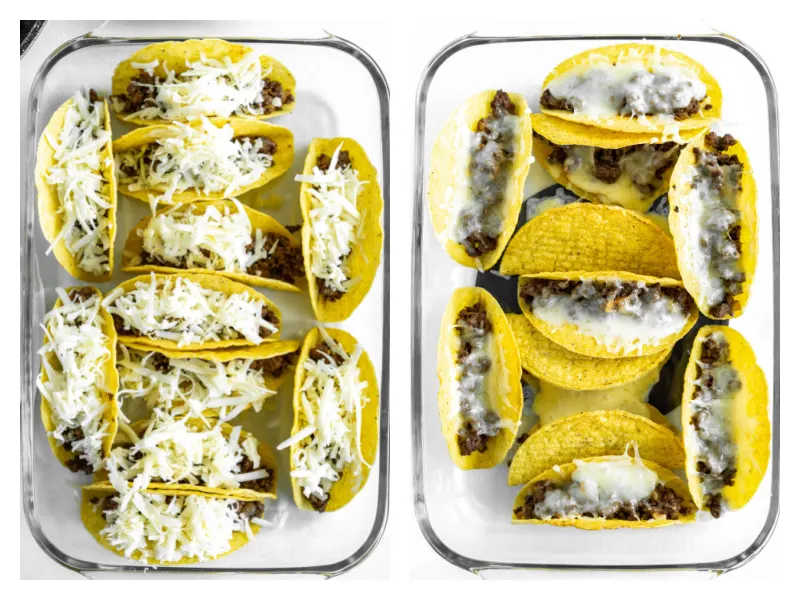 two photos showing cheese sprinkled on tacos and then melted