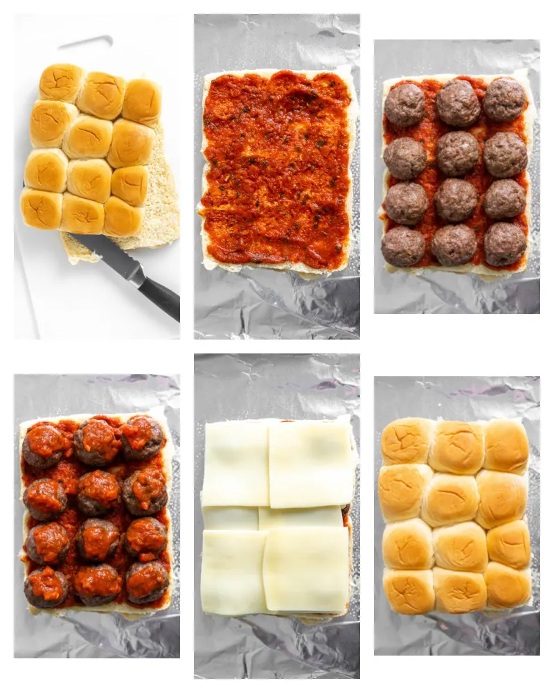 six photos showing assembly of meatball sliders