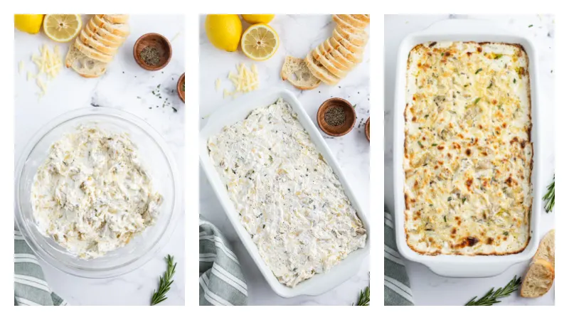 three photos showing process of making cheesy lemon rosemary artichoke dip