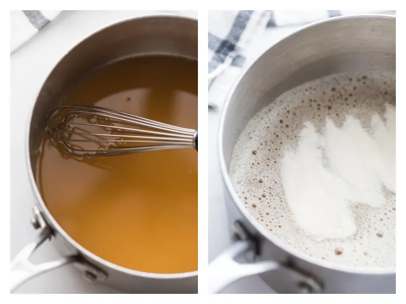 two photos the first showing saucepan with liquid and second with gelatin added