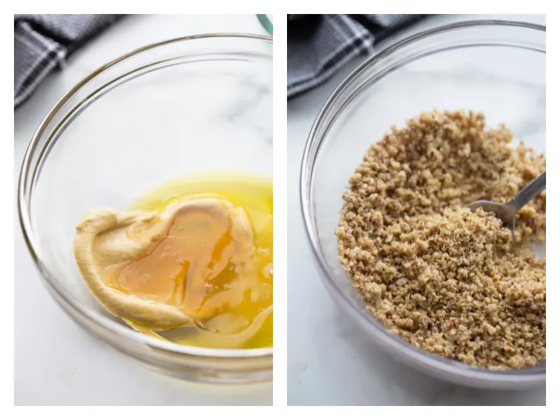 honey dijon sauce in bowl and breadcrumbs in bowl