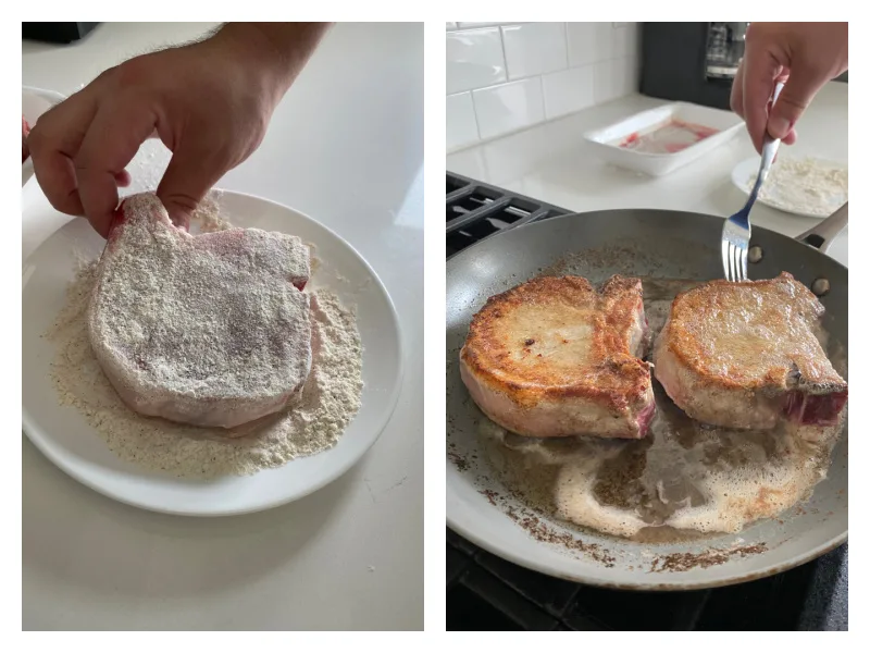 two photos showing dipping pork chop into flour and then frying in pan
