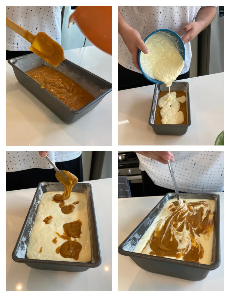 four photos showing process of making pumpkin cheesecake bread