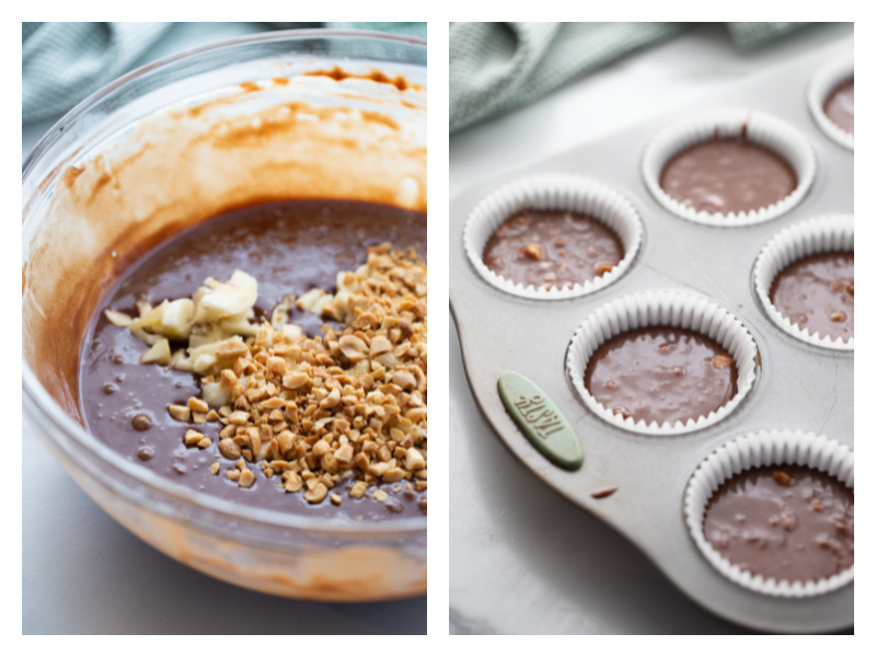 bowl of batter and then chocolate batter in cupcake tin