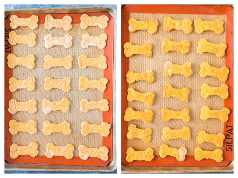 two photos showing dog biscuits on baking sheet and then baked biscuits