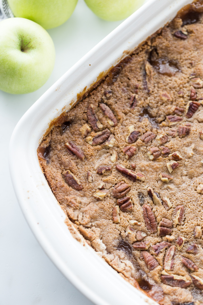 caramel apple dump cake in a casserole dish