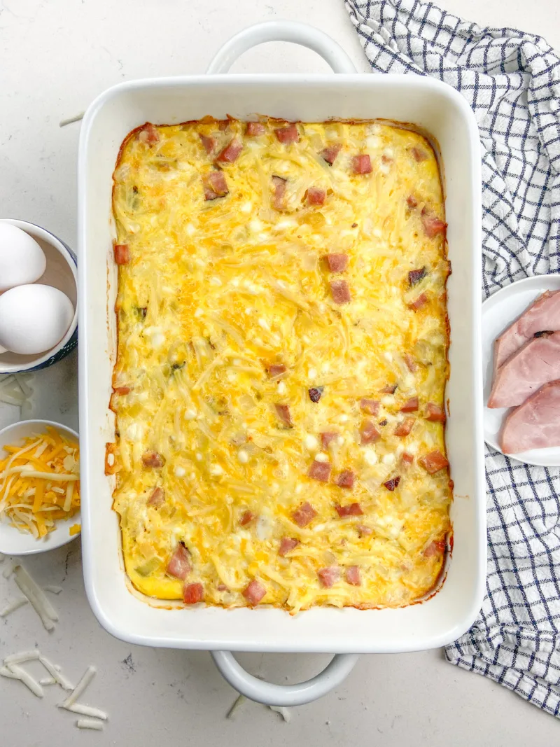 easy breakfast casserole in a white dish