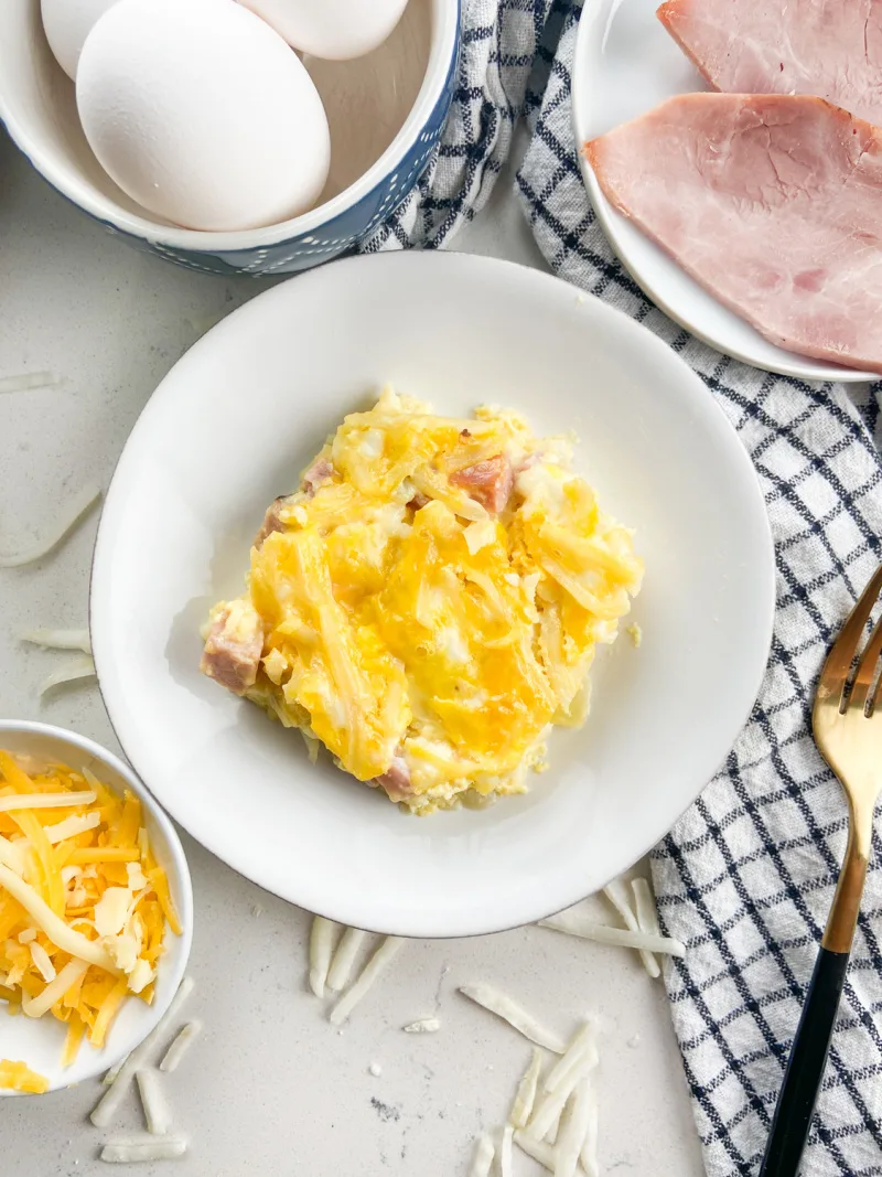 slice of breakfast casserole on white plate