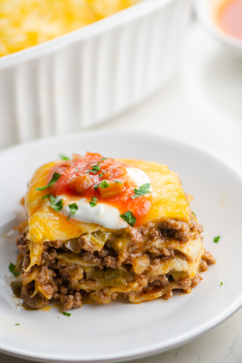 slice of easy tortilla casserole on a plate