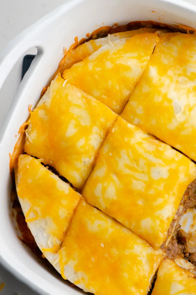 tortilla casserole in pan cut into pieces