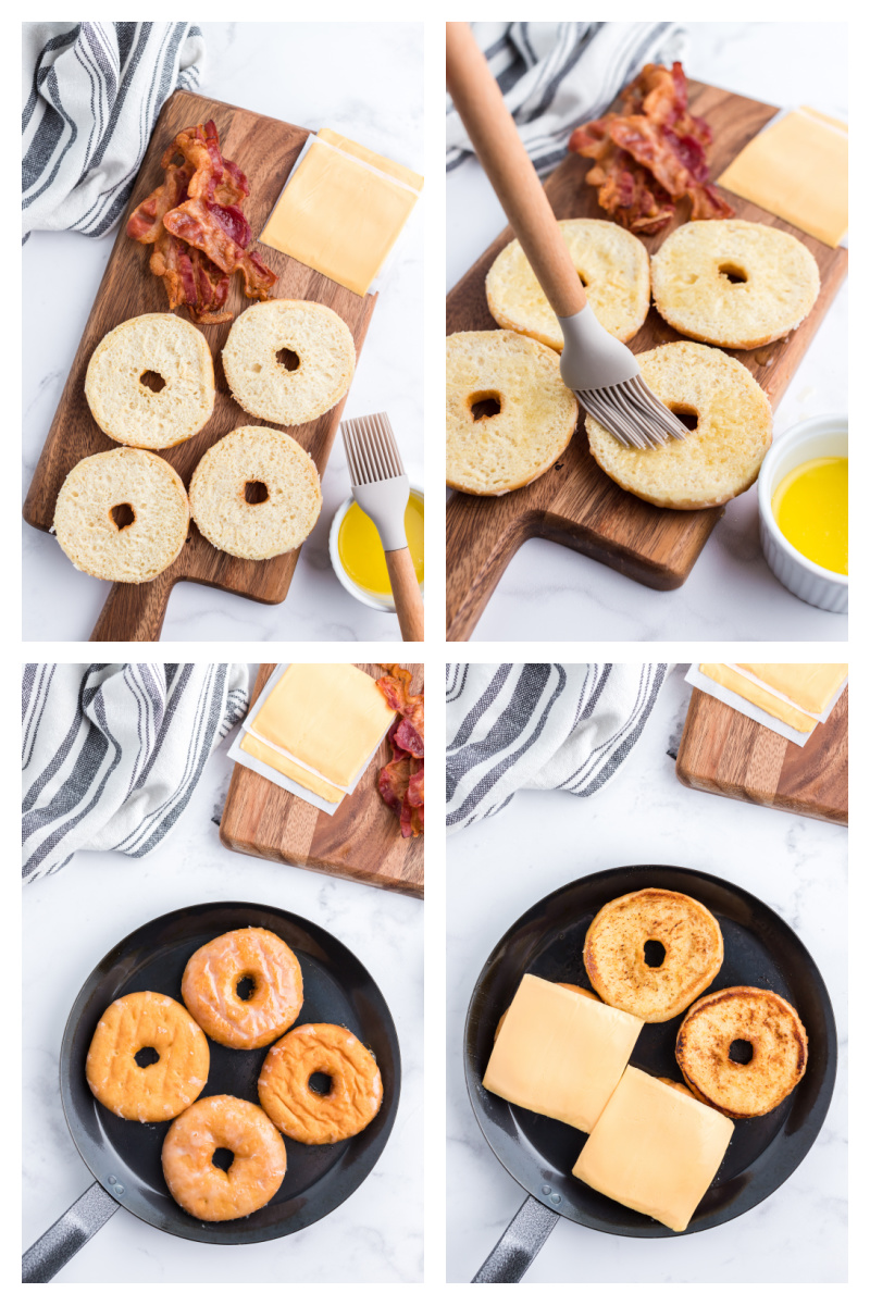 four photos showing how to assemble and cook a glazed donut grilled cheese