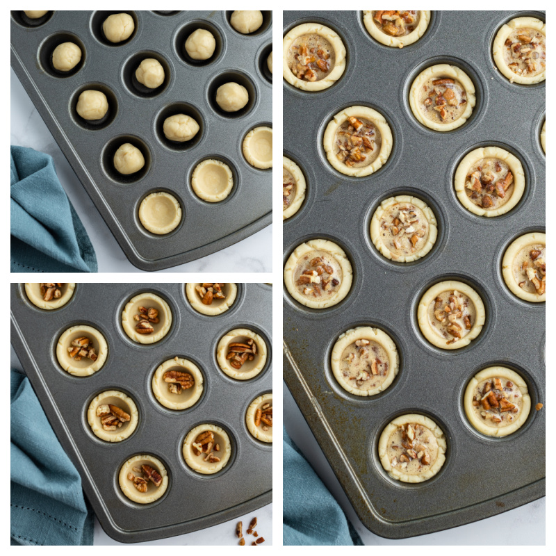 three photos showing how to assemble pecan tassies for baking