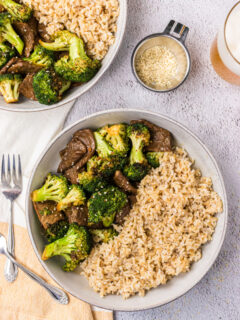air fryer beef and broccoli in bowl with rice