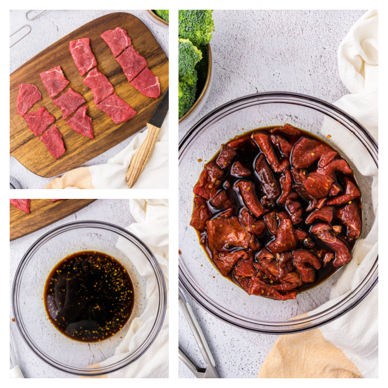 three photos showing cut beef, marinade and then marinating in bowl