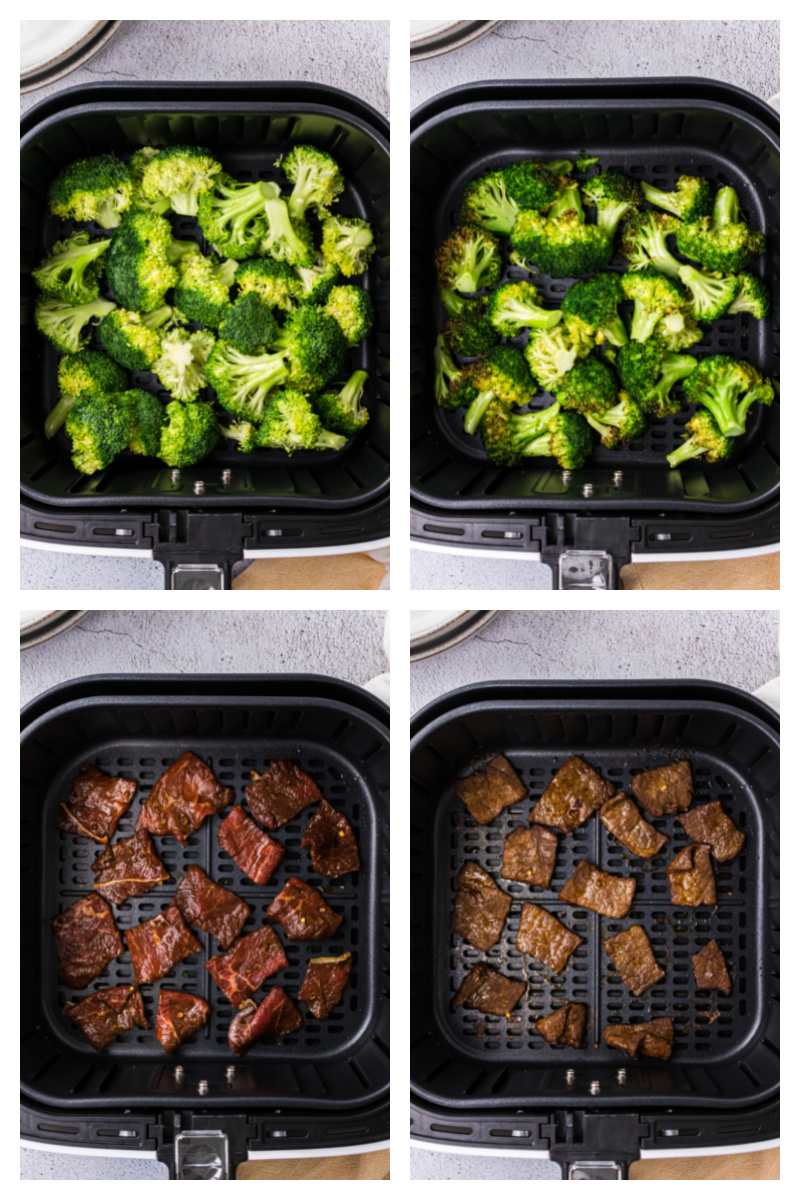 four photos showing broccoli in air fryer and beef in air fryer