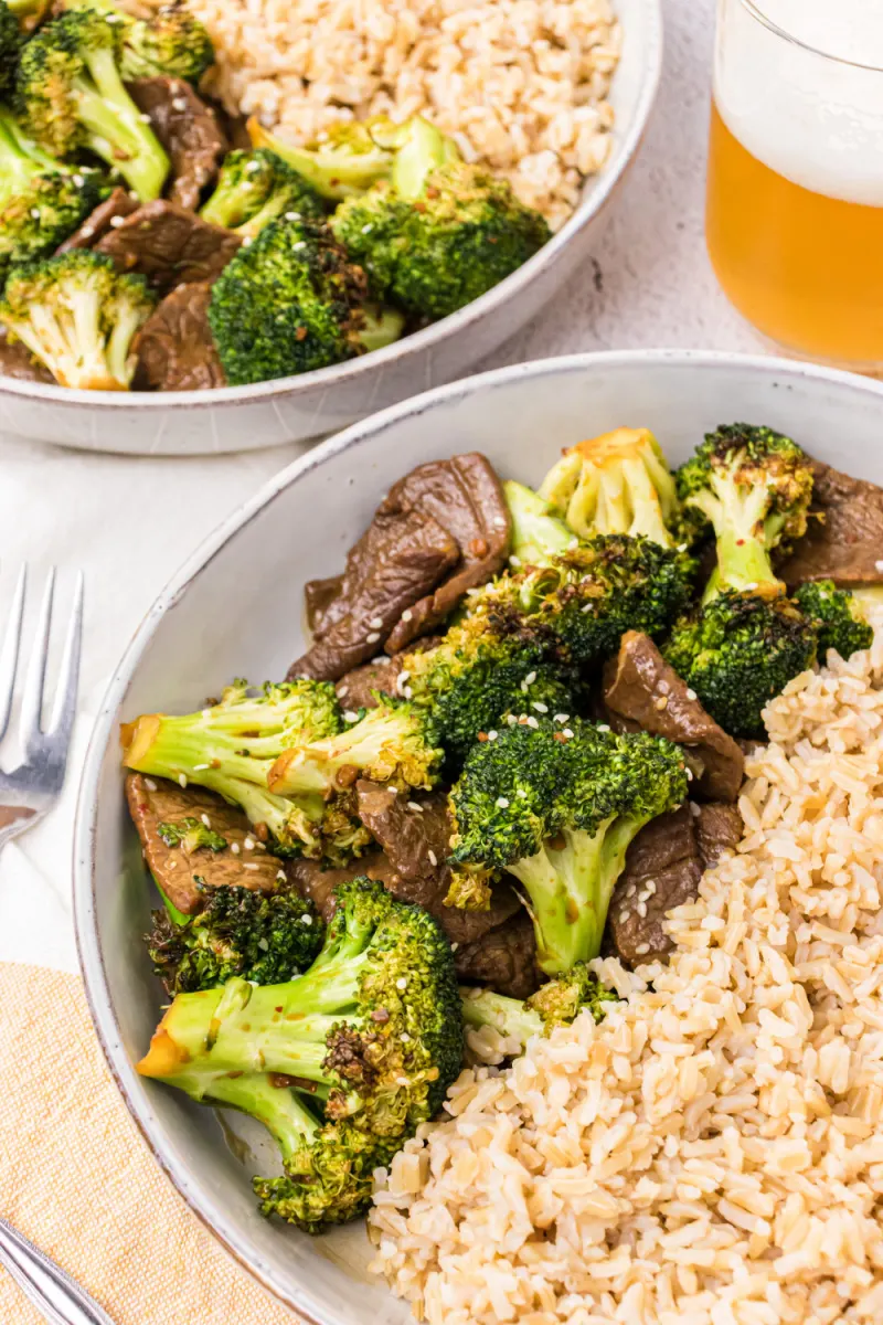 air fryer beef and broccoli in a bowl with rice